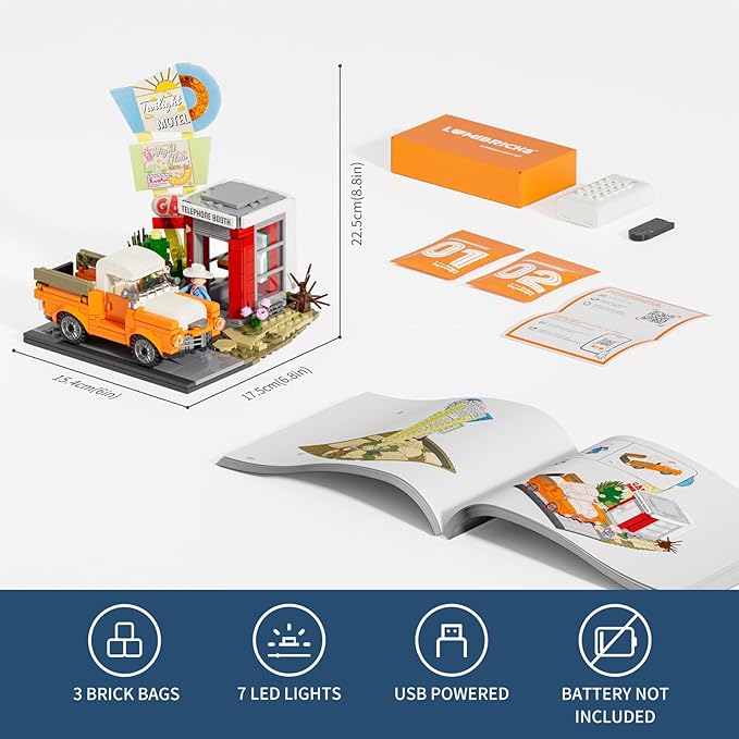 City Sunset-Stopover Lighting-Building-Bricks Set - Road Trip Car Station Modular Collection LED Light Building Set 455 Pcs for Adults, Teen and Travelling Enthusiasts