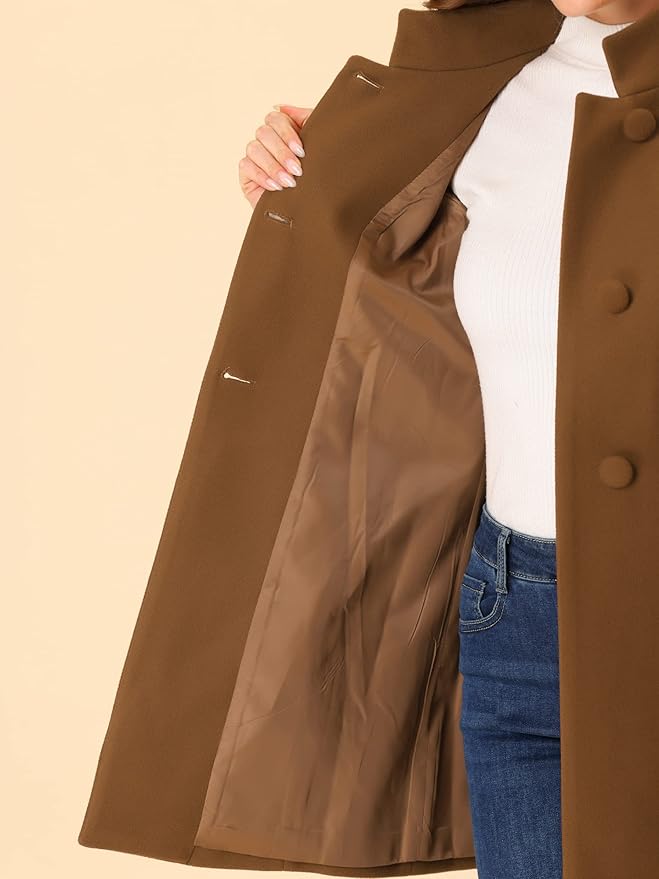 Allegra K Women's Winter Overcoat Mid-Long Stand Collar Single Breasted Coat Outerwear