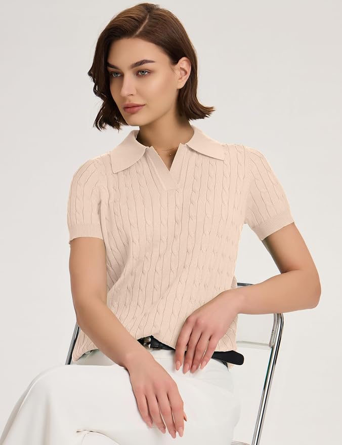 Micoson Womens Short Sleeve Sweater Tops Lapel V Neck Polo Shirts 2026 | Summer Cable Knit Loose Blouses, Business Casual Outfits