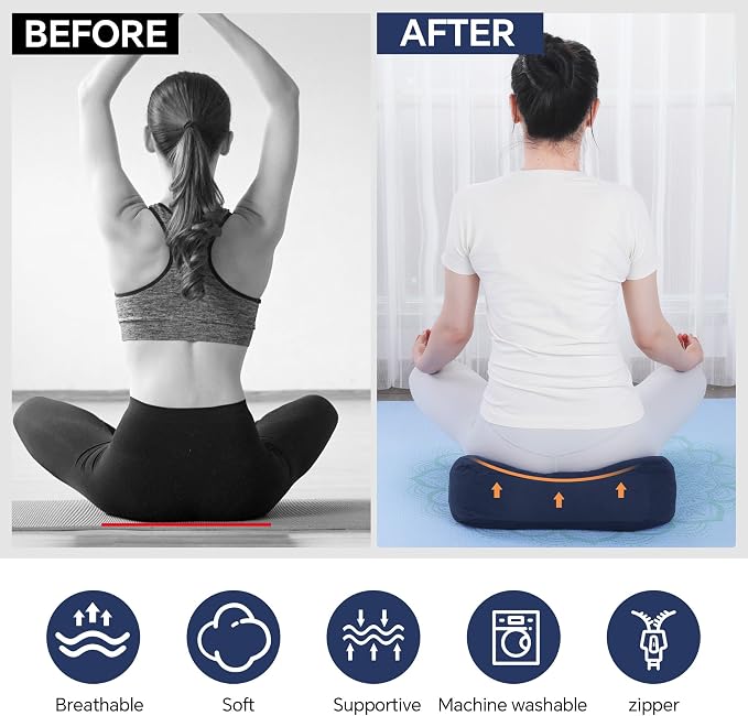 MABOZOO 2-Piece Yoga Bolster Pillow, Rectangular & Crescent Meditation Cushions with Removable Cover for Restorative Yoga, Meditation Accessories for Sitting on Floor