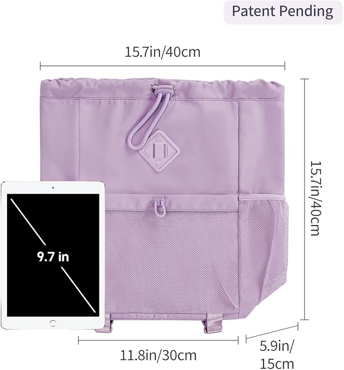 WANDF Drawstring Backpack for Women, Lightweight Gym Bag with Yoga Mat Strap, Water-Resistant String Backpack with Mesh Pocket (Purple, Patent Pending)