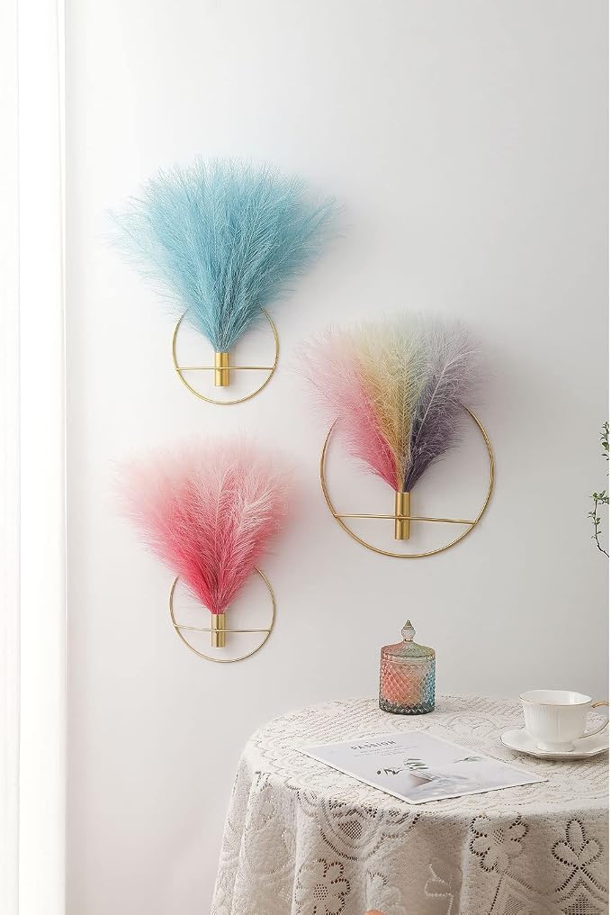 Pretty Jolly Boho Pampas Wall Decor Gold Metal Wall-Mounted Art | Morden Artificial Greenery Display,2 Pack Hanging Planter For Living Room, Bedroom, Bathroom, Dining room