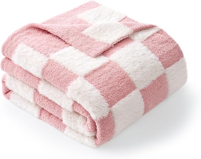 Snuggle Sac Pink Checkered Throw Blanket Faux Fur Microfiber Blankets for Couch,Cozy Soft Warm Blanket for Sofa Bedroom Living Room,Pink Checker,50x60 inches