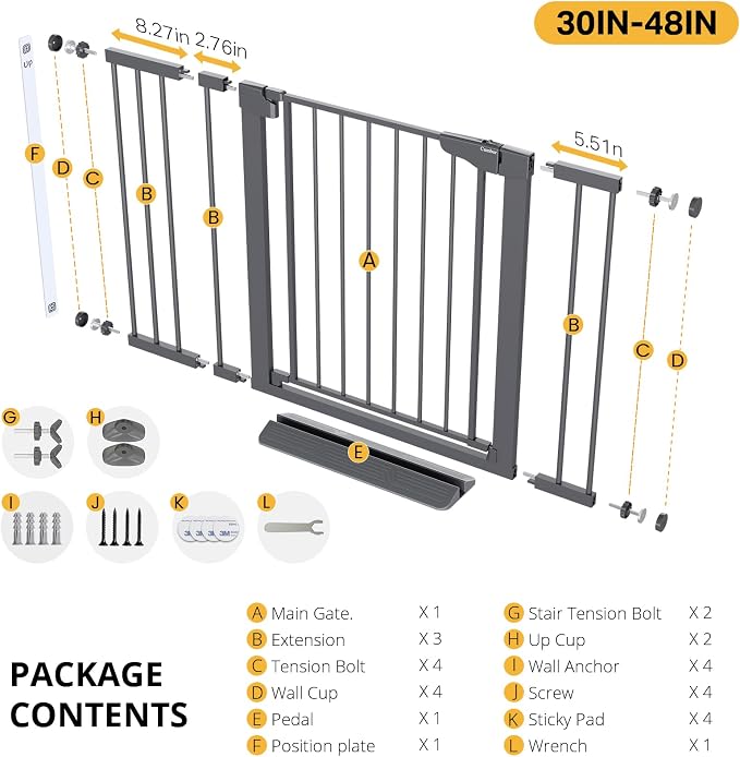Cumbor 30-48" Baby Gate for Stairs and Doorways, Mom's Choice Award Winner, Pressure Mounted Dog Gate Indoor with Self-Closing Walk Through Door, Easy Install, Double-Lock Design, Cool Gray