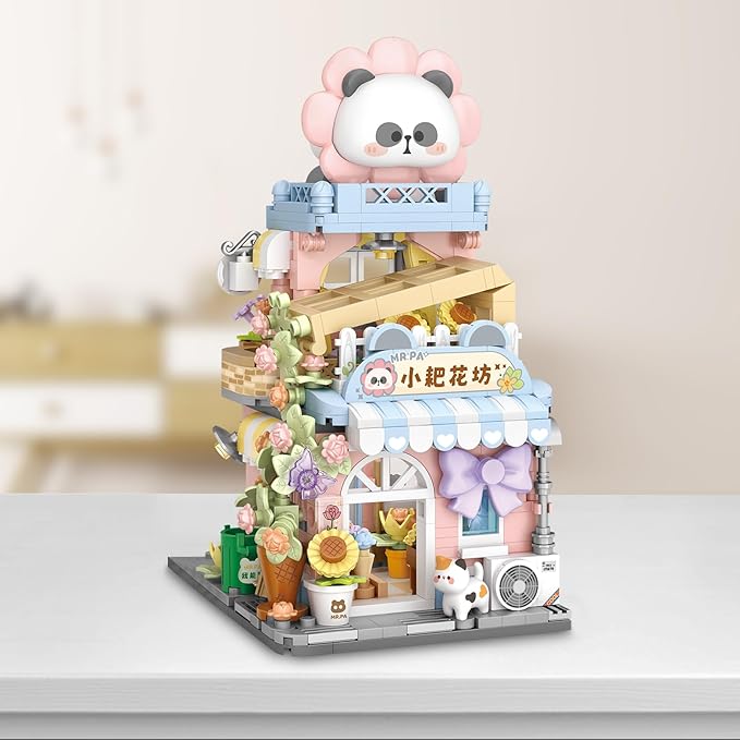 Cute Panda Mini Building Blocks Set, 810PCS MOC Mini Architecture Building Kits with Flower Shop Street View Design - STEM Educational Construction Gift for Girls Boys Kids Adults