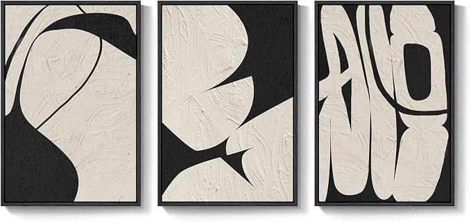 Large Framed Neutral Abstract Wall Art, 3 Piece Black and Beige, 24x36 In | Modern artwork, Canvas prints paintings, Wood frame, Minimalist abstract pictures, Wall decor for living room hallway office