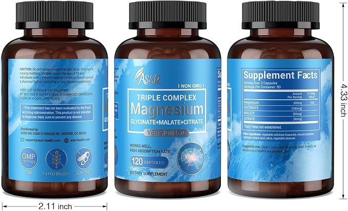 ASSR Triple Magnesium Complex - 300mg Pure Ocean Magnesium Glycinate & Magnesium Malate & Magnesium Citrate for Sleep, Energy, and Relaxation Support, High Absorption, Vegan, Non-GMO, 120 Capsules