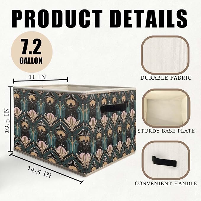 Art Deco Floral Storage Bins Basket, Vintage Maximalist Gothic Bats and Flowers Collapsible Fabric Storage Box Organizer Toybox for Bedroom Bathroom Clothes Books Toys