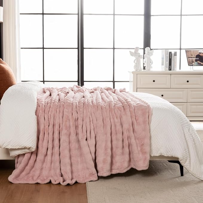 Faux Fur Bed Blankets Queen Size Pink, Soft Fluffy Bubble Blanket for Couch Sofa, Thick Warm Plush Fuzzy Rabbit Fur Large Blanket for All Season Use, 90"X 90"