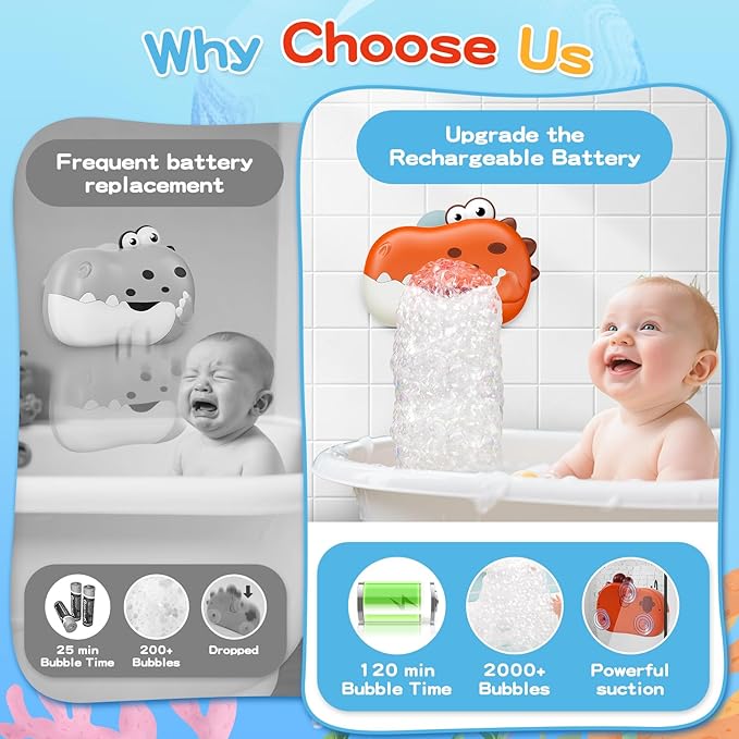Baby Bath Toys for Kids Ages 1-3 4-8, Rechargeable Dinosaur Bath Bubble Machine with Music for Toddlers, Baby Bathtub Toys Valentine Days Gift, Dinosaur Bath Bubble Maker for Toddlers Kids Boys Girls