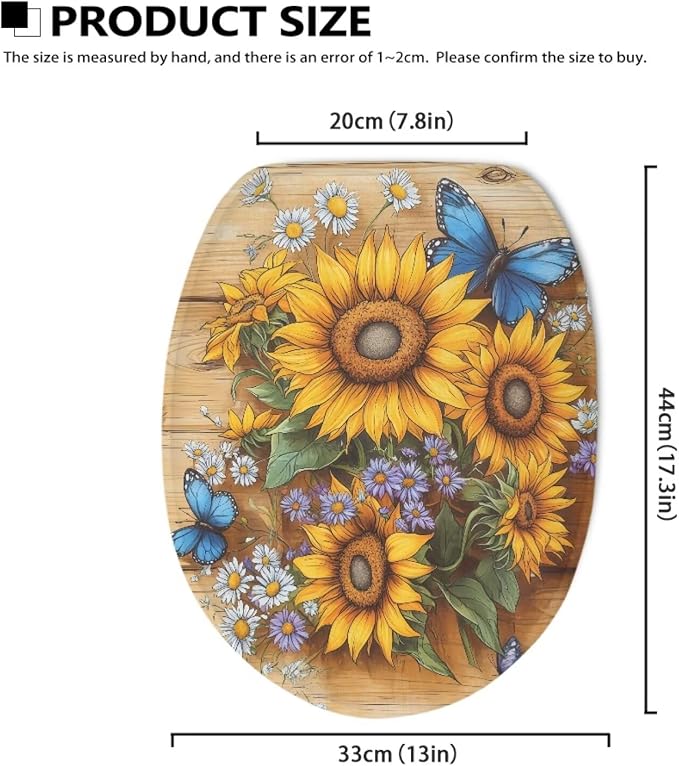 Sunflower Toilet Lid Cover Set with Elastic Band Blue Butterfly Toilet Seat Cushion Cover Replacement for Bathroom Decor Machine Washable Polyester Fabric Bathroom Covers