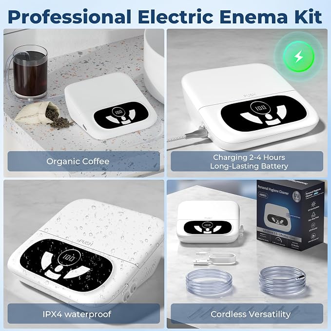 Enemas for Colon Cleanse Men and Women, Electric Enema Kit with UVc Storage Box, 1-100 Level Adjustable Water Pressure, 2 Spray Modes, Anti-Backflow Design, 18 pcs Nozzles