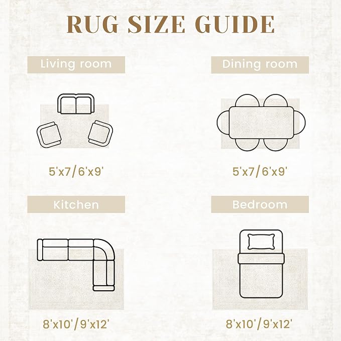 9x12 Area Rugs for Living Room: Washable Large Vintage Floral Rug Low Pile Non-Slip Boho Carpet for Bedroom Dining Home Office (Floral Beige, 9'x12')