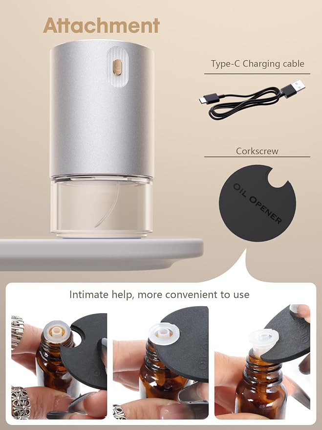Waterless Essential Oil Diffuser, Rechargeable Aromatherapy Scent Diffusers for Home, Car, Bedroom, Office, 1/2/4/8-Hour Timer, 100ml Capacity, 3 Mist Levels, Silver