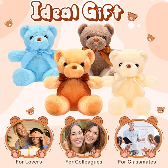 Aoriher 6 Pcs Bear Stuffed Animal Bulk Baby Shower Bear Plush Toys Soft Cute Sleeping and Playing Decorations for Kids Back to School Gift Baby Shower Birthday Party Favor(Beige, Brown, Blue)