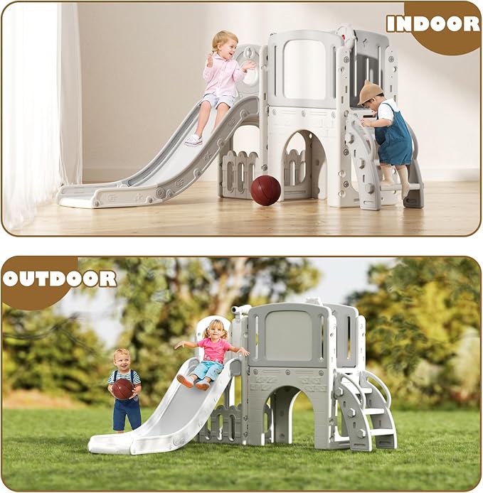 Glaf Toddler Slide 9 in 1 Outdoor Playset Playground Indoor Kids Baby Slides for Toddlers Age 1-3 with Climber Basketball Hoop Telescope Drawing Board and Storage Space for Backyard (Grey)