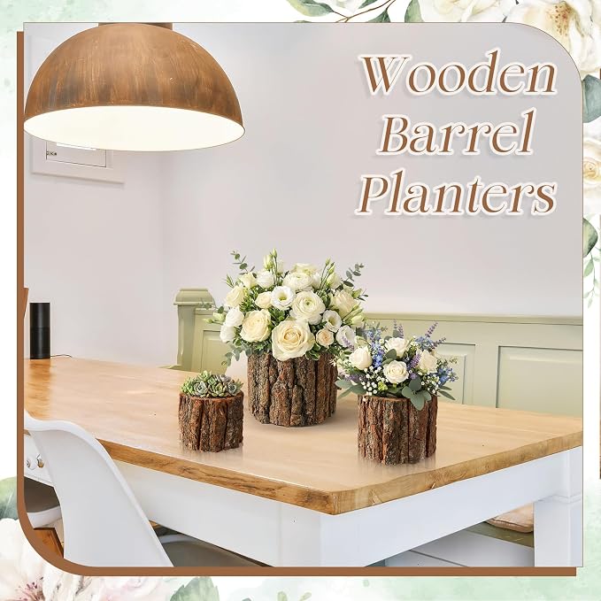 3 Pcs Wooden Vase for Centerpieces Wedding Flower Table Centerpieces Woodland Party Decor Rustic Farmhouse Bark Stump Buckets Vintage Planter Pots for Garden Baby Shower Window Home (L+m+s)