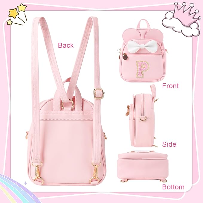 Personalized Toddler Backpack for Girls 3โ10, Cute Mini Bowknot Mouse-Ear Toddler Bookbag Crossbody Purse, Small Daypack Wallet Set, Initial Birthday Gift, Trendy Little Kids/Teen Bag(Pink,P)
