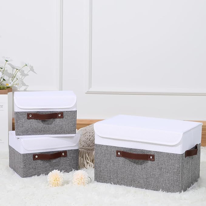 ANMINY Fabric Storage Box Bins with Lids, Gray White, 10"x8"x7", 2 Pack | Keepsake Memory Storage, Cotton Linen, PP Board Reinforced, Washable, PU Handles, Foldable & Stackable, Decorative, Small