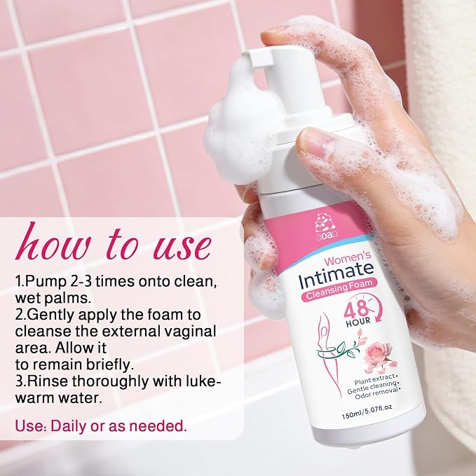 AOAO Intimate Wash for Women, Gentle Sensitive Feminine Wash, ph Balance Cleanser, Herbal Infused Cleansing Foam, Probiotic Enriched, Self-Foaming Pump, Sulfate-Free, 5 Fl Oz