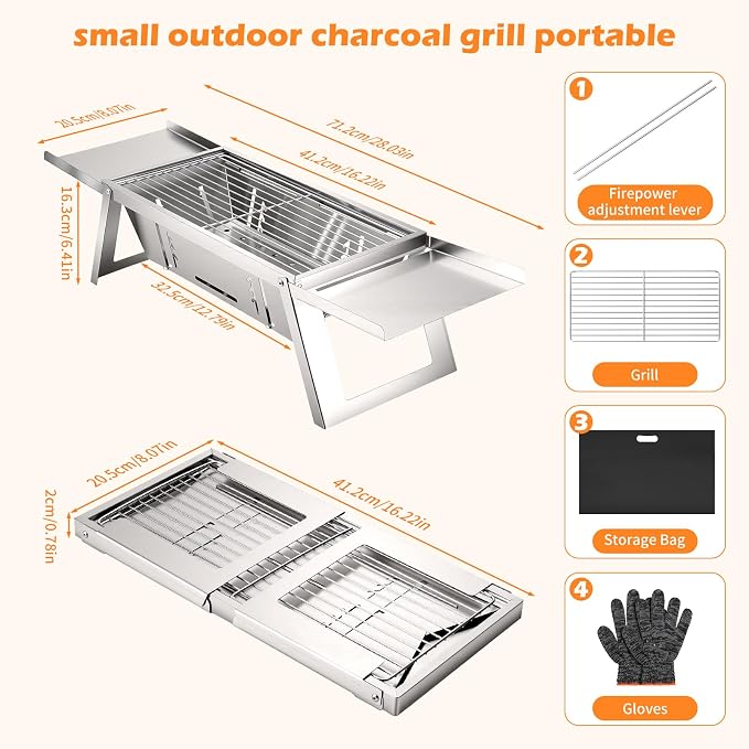 Small Portable Folding Charcoal BBQ Grill for Camping Picnic Garden Terrace | Mini tabletop barbecue with 4-level heat control, easy to operate, practical outdoor gear for backyard and outdoor gatherings