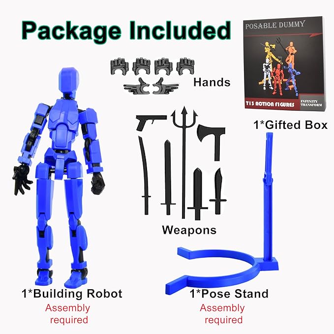T-13 Creative Action Figure with Pose Stand,Anime Robot Building Toy Sets,Lucky Puppet Joints for Boys,Girls,Men,Women,Multi-Jointed Moveable Dummy Desk Decoration,Desktop Ornament for Game Lover,Blue