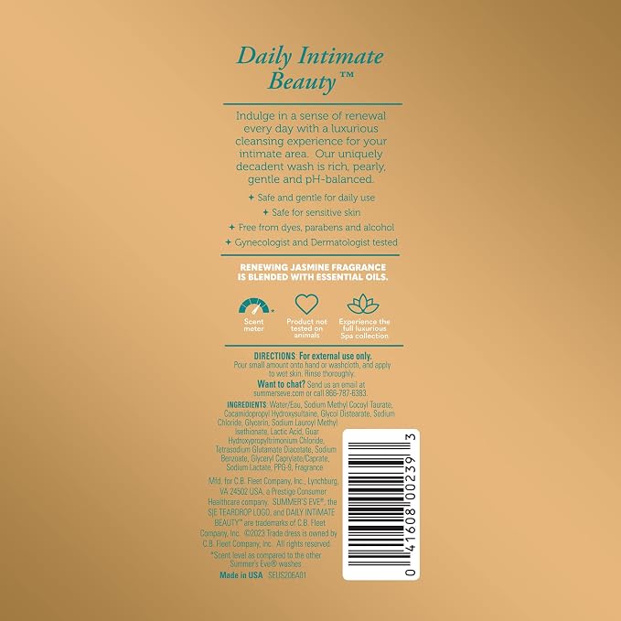 Summer's Eve Spa Daily Intimate Wash, Renewing Cleansing All Over Feminine Body Wash, Jasmine Scented pH-Balanced Feminine Wash, 12oz Bottle