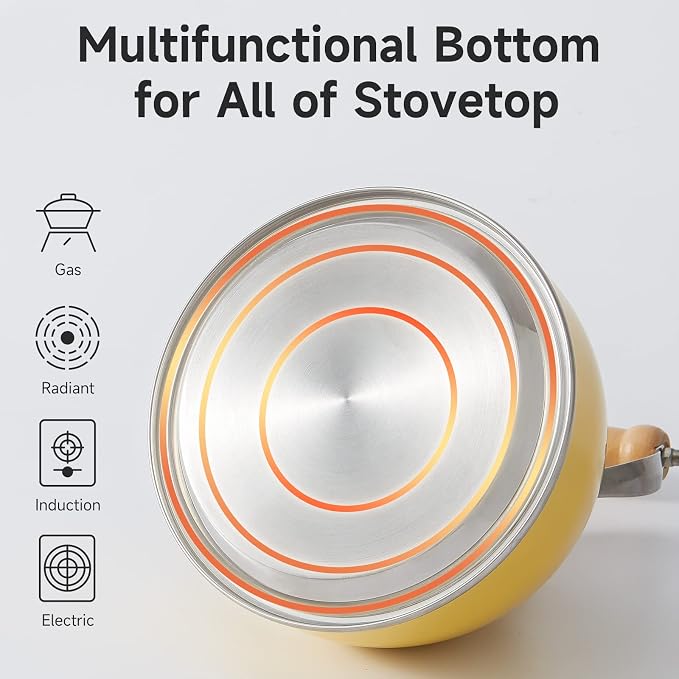 ROCKURWOK Tea Kettle, Tea Pot with Cool Touch Ergonomic Handle, Teapot Food Grade Stainless Steel, Tea Kettle Stovetop, Kettle Teapot, Whistling Tea Kettle, Tea Pot, 2.7 Quart (Yellow)