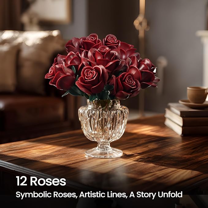 iATOM Burgundy Red Rose Bouquet Building Set, Compatible with Lego Flowers for Adults Women, Botanical Collection Gift for Halloween & Valentines - Artificial Plant Gothic Home Decor - 11016