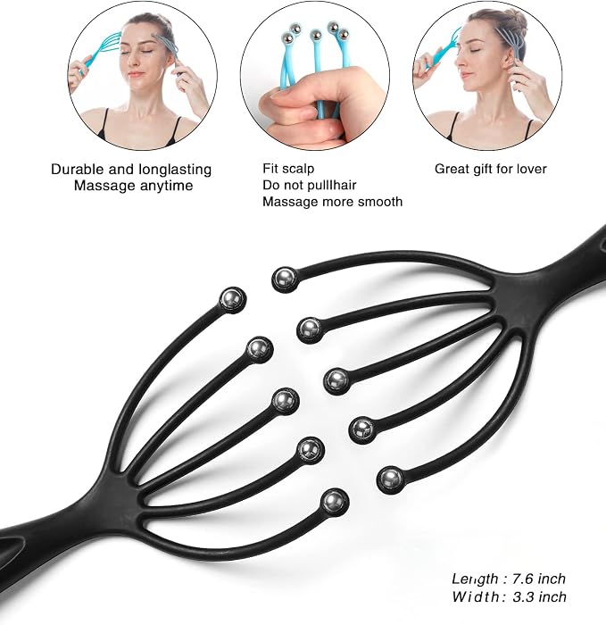 Head Massager,Protable Handheld SPA Scalp Massage Tool for Deep Relaxation & Stress Reduction Wet and Dry in The Office Home SPA (2-Pack) (Black Black)