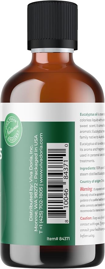 Viva Doria Eucalyptus Essential Oil, Food Grade, 118 ml (4 Fl Oz) | 100% Pure & Natural Eucalyptus Globulus | Aromatherapy Oil for Diffuser, Steam, and Massage