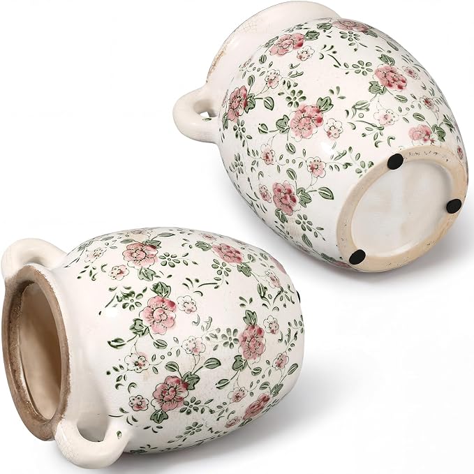 LemonRoad Vintage Planter Large Ceramic Plants Pot Beige Chinoiserie Floral Cottage Scroll Vase Flower Pot Indoor Home Farmhouse Kitchen Antique Decorative Gifts(Red Plum Blossom,7.7 Inch)
