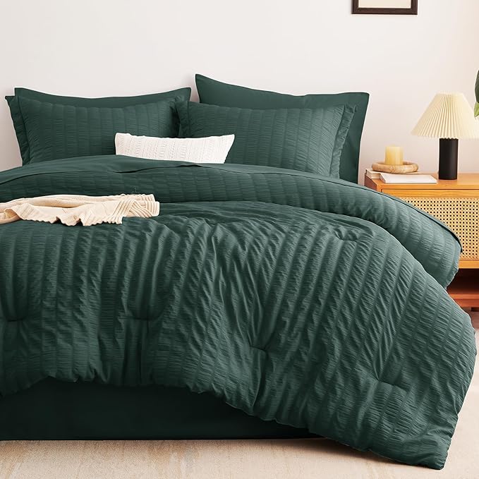 CozyLux Full Size Comforter Sets with Sheets 7 Pieces, Forest Green Seersucker Bed in a Bag Textured Luxury Soft Bedding Set with Down Alternative Comforter, Sheets, Pillowcases & Shams for All Season