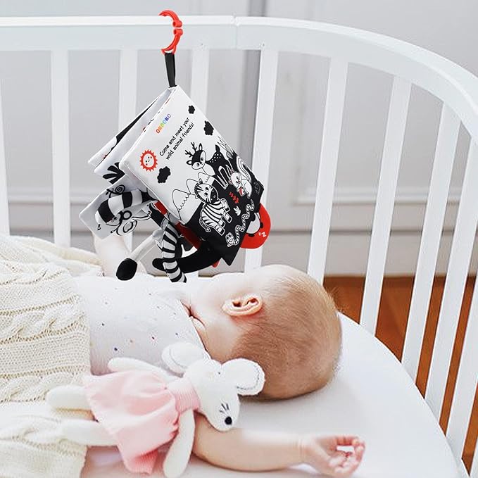 OKOOKO Soft Baby Book Black and White High Contrast Animals Tails Book Bath Toy Montessori Sensory Stroller Toy Non-Toxic Crinkle Washable Early Education for Baby Infant Toddler