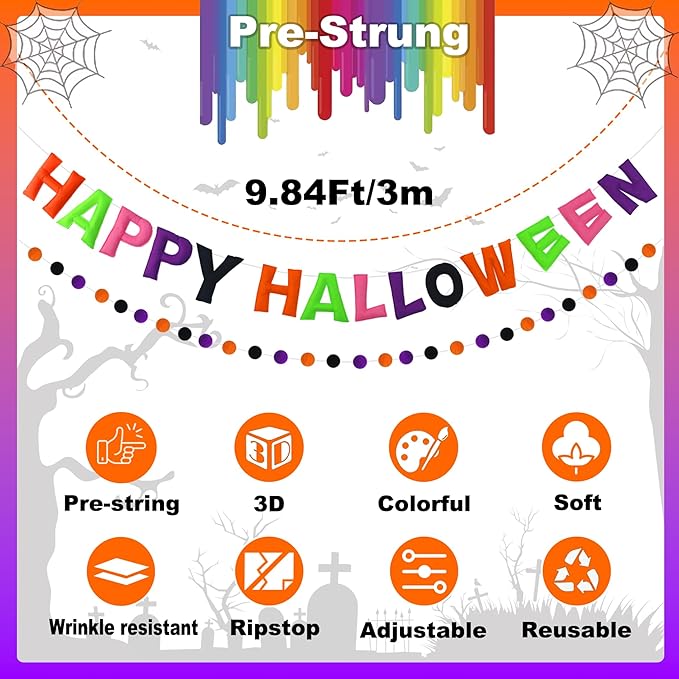 Pre-Strung 3D Felt Happy Halloween Banner - Reusable Happy Halloween Decoration Sign,Orange Purple Black Felt Ball Garland, Pom Pom Garland, Horror Party Decorations, Photo Prop