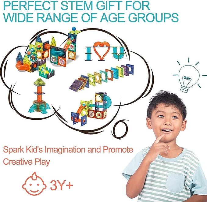 UNIQUE KIDS Magnetic Tiles Building Blocks with Marble Run - Engaging STEM/STEAM Toys for Kids - Educational and Fun - Perfect Christmas and Birthday Gift (150 PCS)