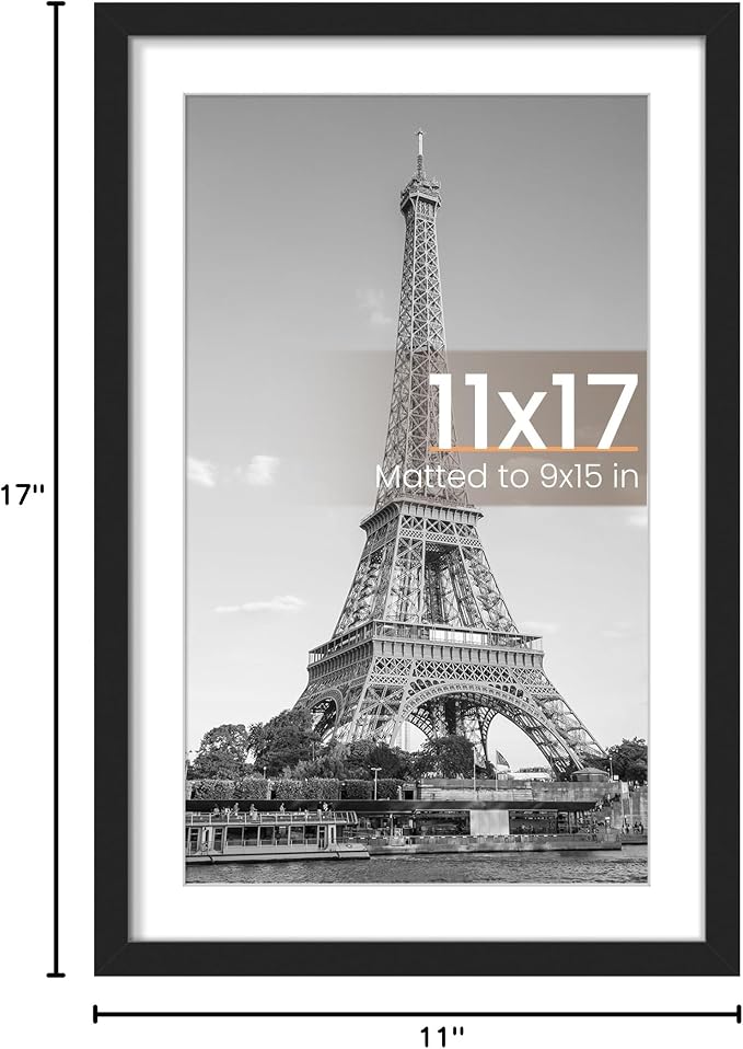 upsimples 11x17 Picture Frame, Display Pictures 9x15 with Mat or 11 x 17 Without, Wall Hanging Poster Frames, Black, 1 Pack