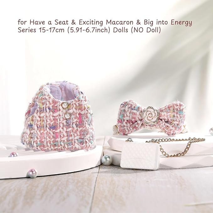 Doll Clothes for Labubu 17cm Have a Seat & Exciting Macaron & Big into Energy Series Dolls, Luxury Chic Series for 17cm Dolls Accessories (Pink Dress+Hairband+Bag)