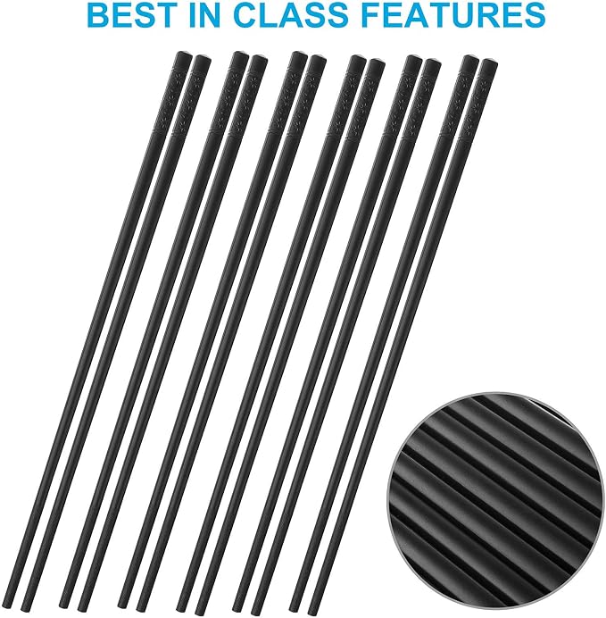 10 Pairs Fiberglass Chopsticks Family Set, ONEHERE Reusable Chinese, Japanese, Korean Chop sticks, Dishwasher Safe, Non-slip, for Sushi, Noodles, Food, Hotpot& Cooking, 9.5 inches, Classic Black