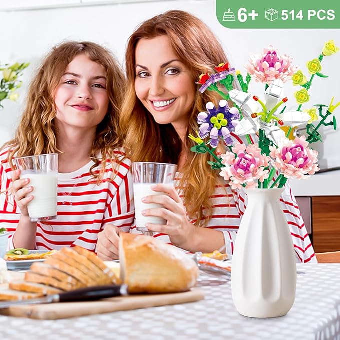 Flower Bouquet Building Blocks Pink Carnation Botanical Collection Bricks Sets Creative Toys Kits Mother's Day Birthday for Adults Mom Girlfriends Old Kids 8-12, 6-12 (514PCS)