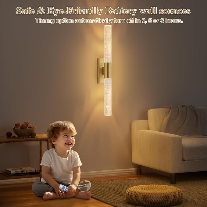 camuucci Battery Operated Wall Sconces Set of 2, Rechargeable Wall Lights | 12000mAh Long-Lasting Battery,Dimmable Cordless Sconce,,No Wiring Needed for Bedroom,Living Room,Gold 20.9-Inch