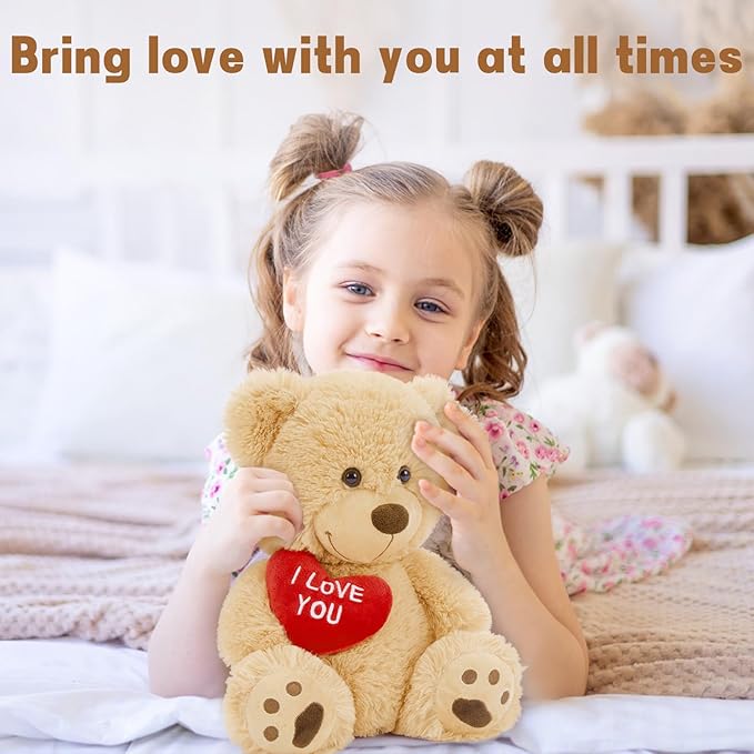 MaoGoLan Small Teddy Bear with Red Heart, 12" I Love You Valentines Teddy Bear Stuffed Animal,Velvet Red Heart Bear Gift for Kids,Girlfriend,Wife