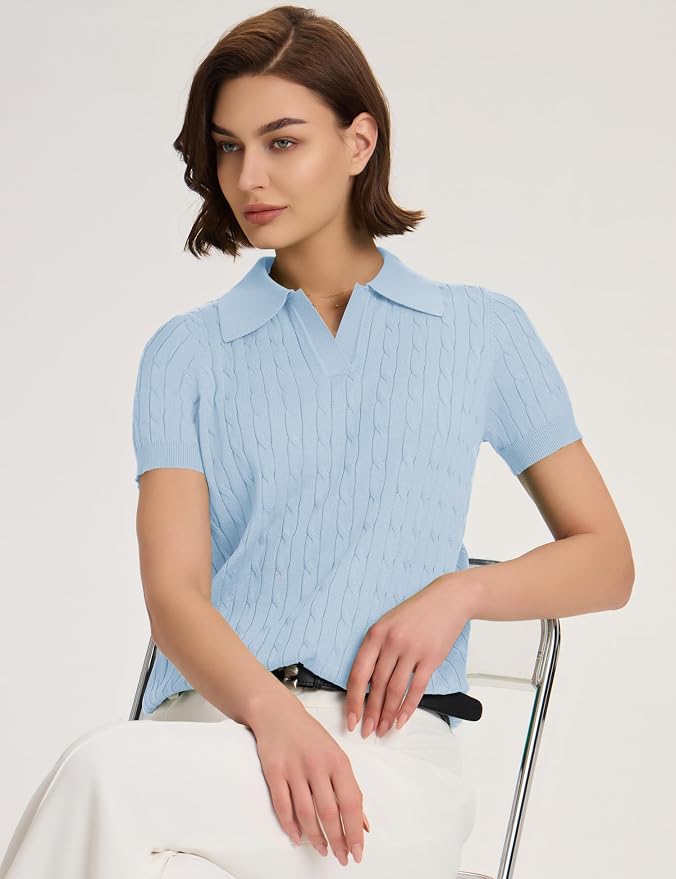 Micoson Womens Short Sleeve Sweater Tops Lapel V Neck Polo Shirts 2026 | Summer Cable Knit Loose Blouses, Business Casual Outfits