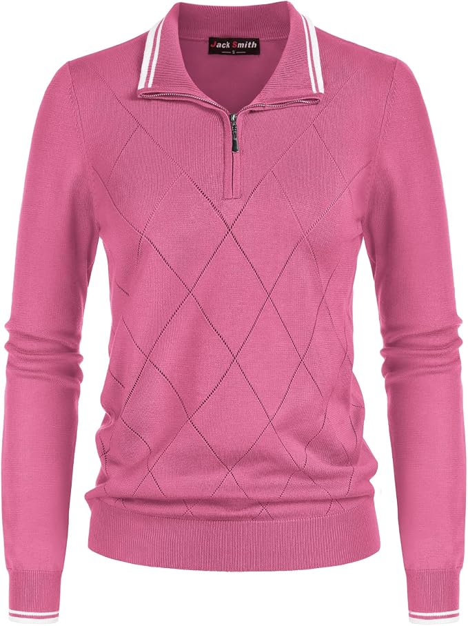 JACK SMITH Quarter Zip Pullover Sweaters for Womens, Rib Polo Sweater Tops | V Neck,Knit,Long Sleeve,Argyle,Open Pattern,Callar,Lightweight,Fashion,Golf Work Business Daily Wear Versatile Pullover Shirt