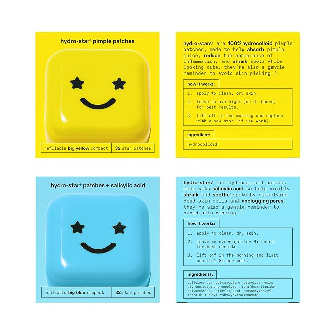 Starface Hydro-Star® Hydrocolloid Pimple Patches + Big Yellow Compact (32 ct) and Hydro-Star® Hydrocolloid Patches with Salicylic Acid + Big Blue Compact (32 ct), Shrink Spots, Absorb Fluid, 2-Pack