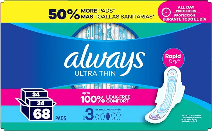 Always Ultra Thin Feminine Pads with Wings for Women, Size 3, Extra Long Super Absorbency, Unscented, Up to 100% Leak-Free Protection, 68 Count