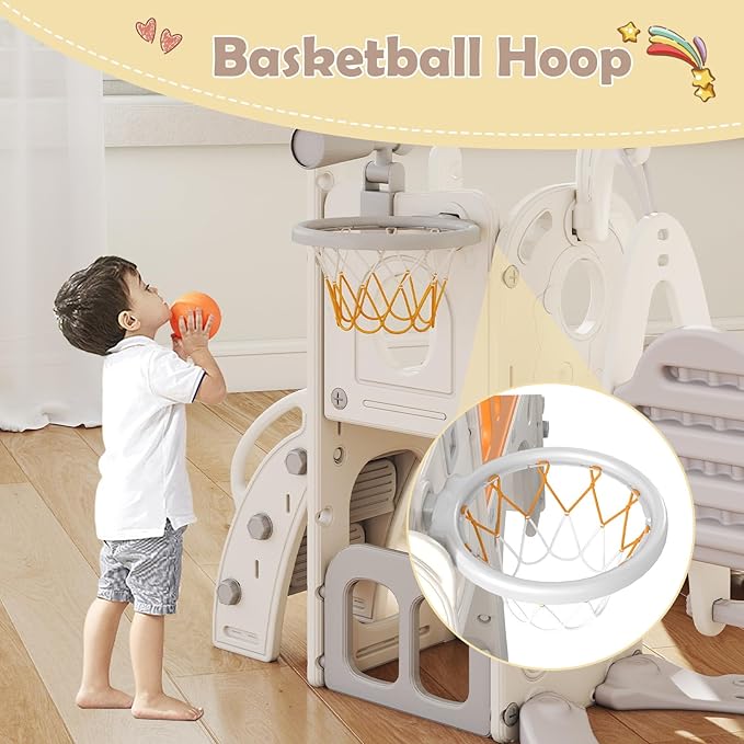 kinbor Toddler Swing and Slide Set - Indoor Outdoor Baby Slide for Toddlers 1-3, Toddler Playground with Basketball Hoop & Storage – Safe, Sturdy Kids Indoor Outdoor Playset
