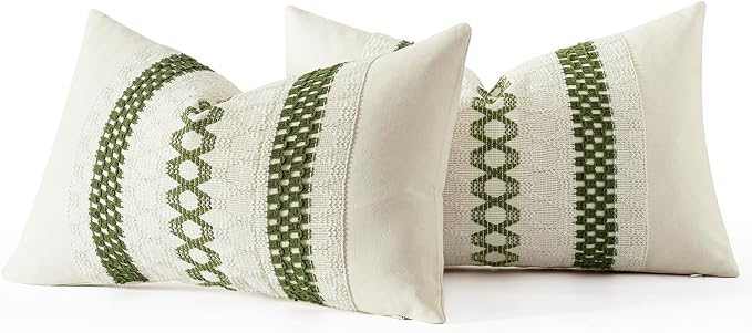 MIULEE Set of 2 Moss Green Boho Decorative Lumbar Pillow Covers 12x20 Inch | Farmhouse Couch Throw Pillows, Modern Cushion Covers, Macrame Woven Spring Decor for Bed Sofa Chair