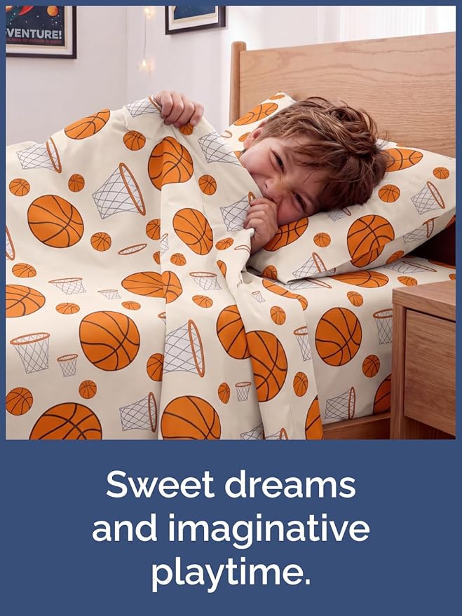 CGK Unlimited Kids Basketball Twin 3 Piece Sheet Set - Boys, Girls, Teens, Toddler - Easy Fit with Deep Pockets - Soft, Cooling & Breathable Sheets - Cute, Cozy, Fade & Wrinkle Free - Machine Washable