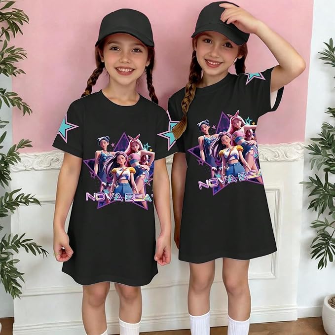 Girl's Anime K-POP Graphic Long Dress T-Shirt - Casual Loose Fit Short Sleeve Top